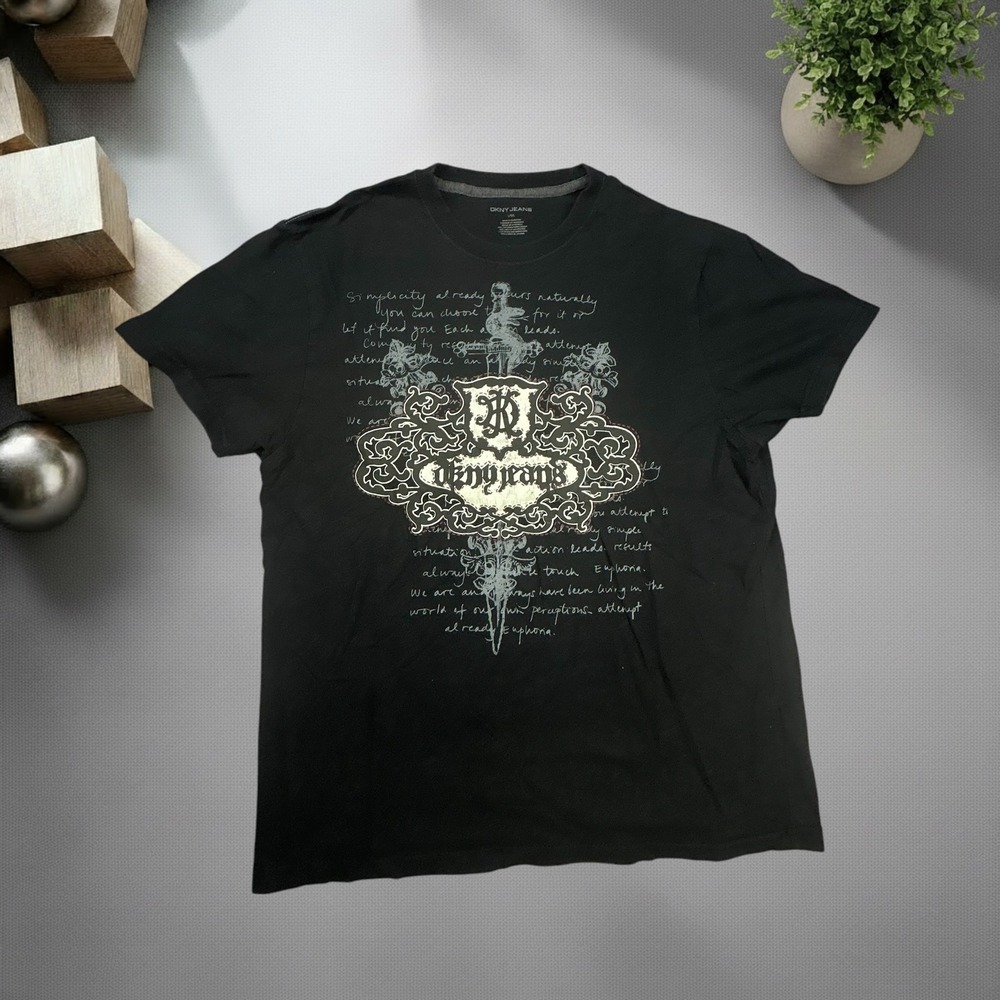 Vintage DKNY Jeans T Shirt Mens Large Black Y2K Graphic Tee Skater Grunge